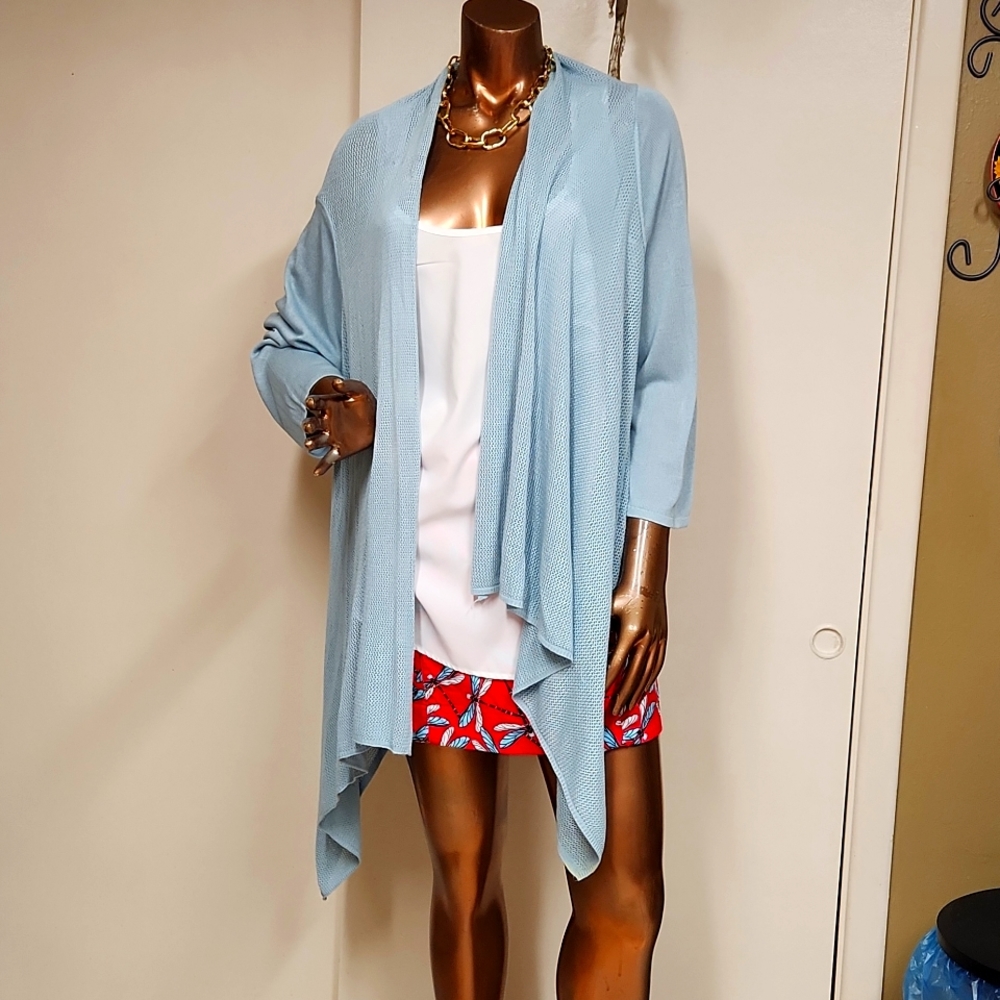 Cracker Barrel Mesh Light Blue Wrap Sweater